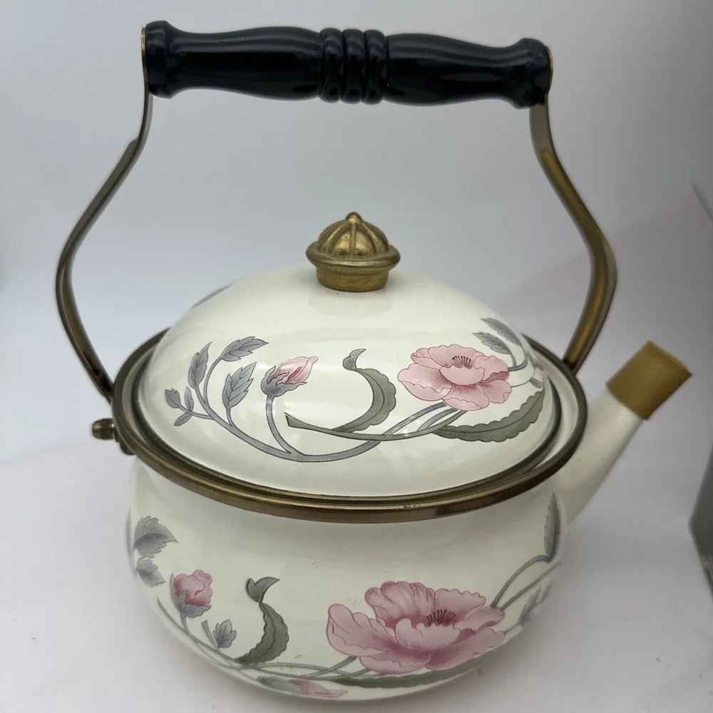 Vintage Tulare Collection Enamel Tea Kettle Pink Peony Floral Water Pot NIB